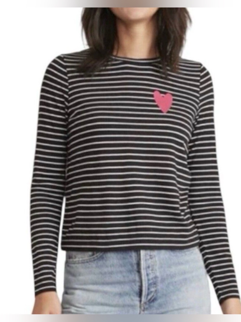 Marine Layer - Chloe Black And White Stripe Heart Long Sleeve Blouse Size Small